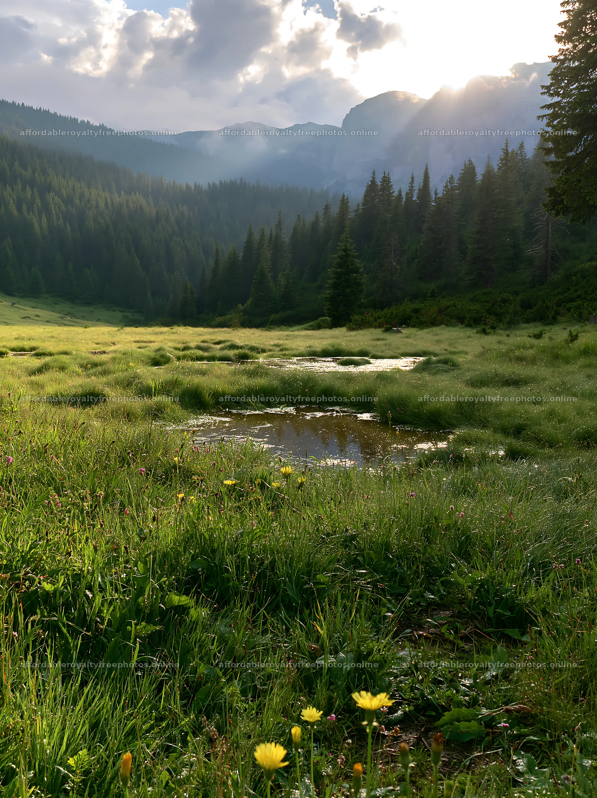 Bucegi Mountains meadow with light rays and water – royalty-free photos 6866x9174