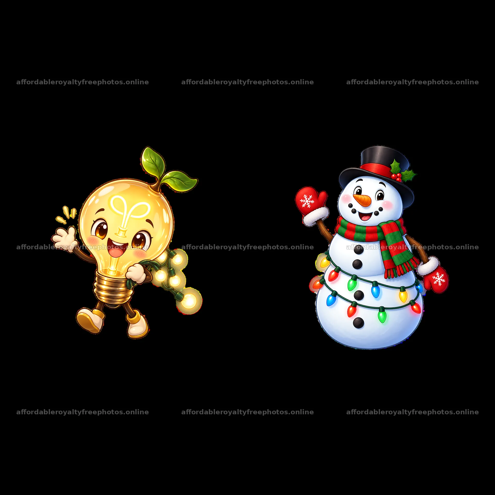 Light bulb character with string lights and snowman with – royalty-free photos 7746x7746