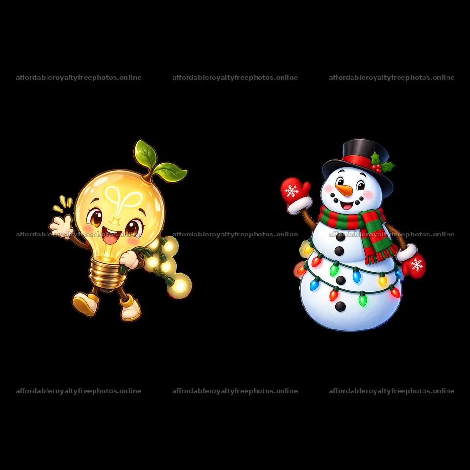 Light bulb character with string lights and snowman with – royalty-free photos 7746x7746