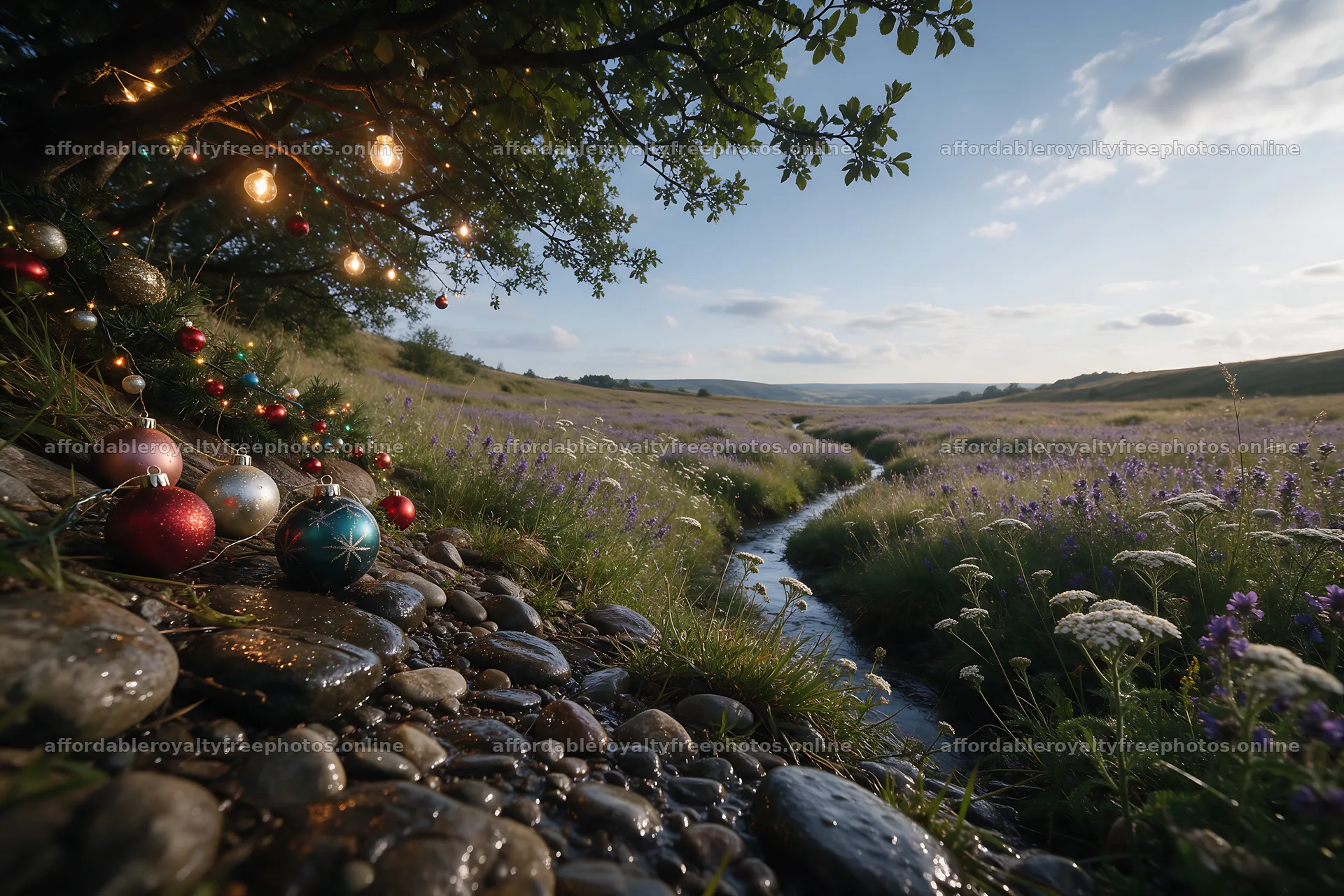 Christmas ornaments along stream in meadow – royalty-free photos 9722x6480