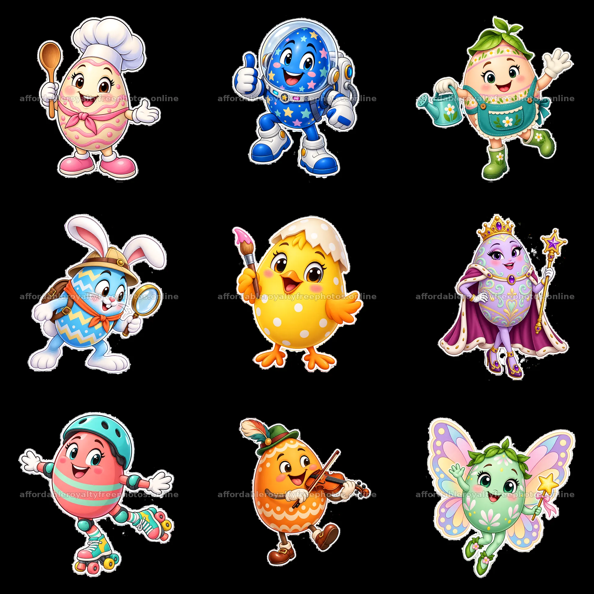 Colorful cartoon Easter egg characters in a 3x3 layout – royalty-free photos 7746x7746