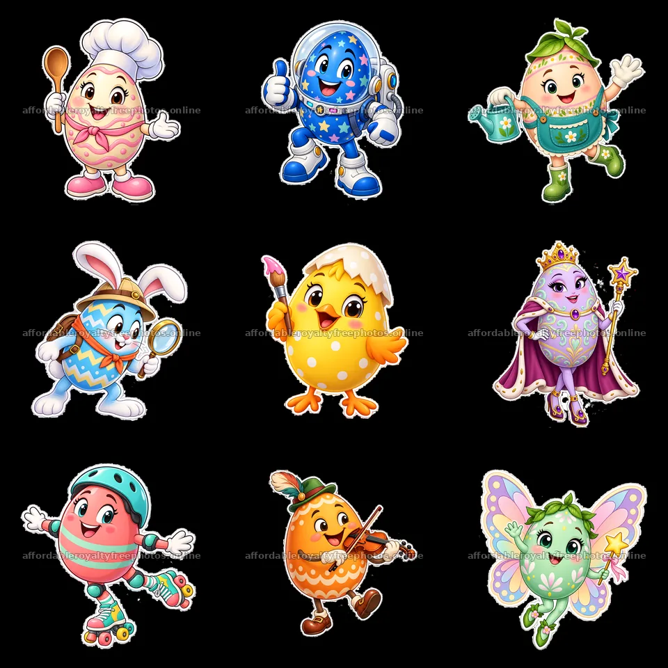 Colorful cartoon Easter egg characters in a 3x3 layout – royalty-free photos 7746x7746