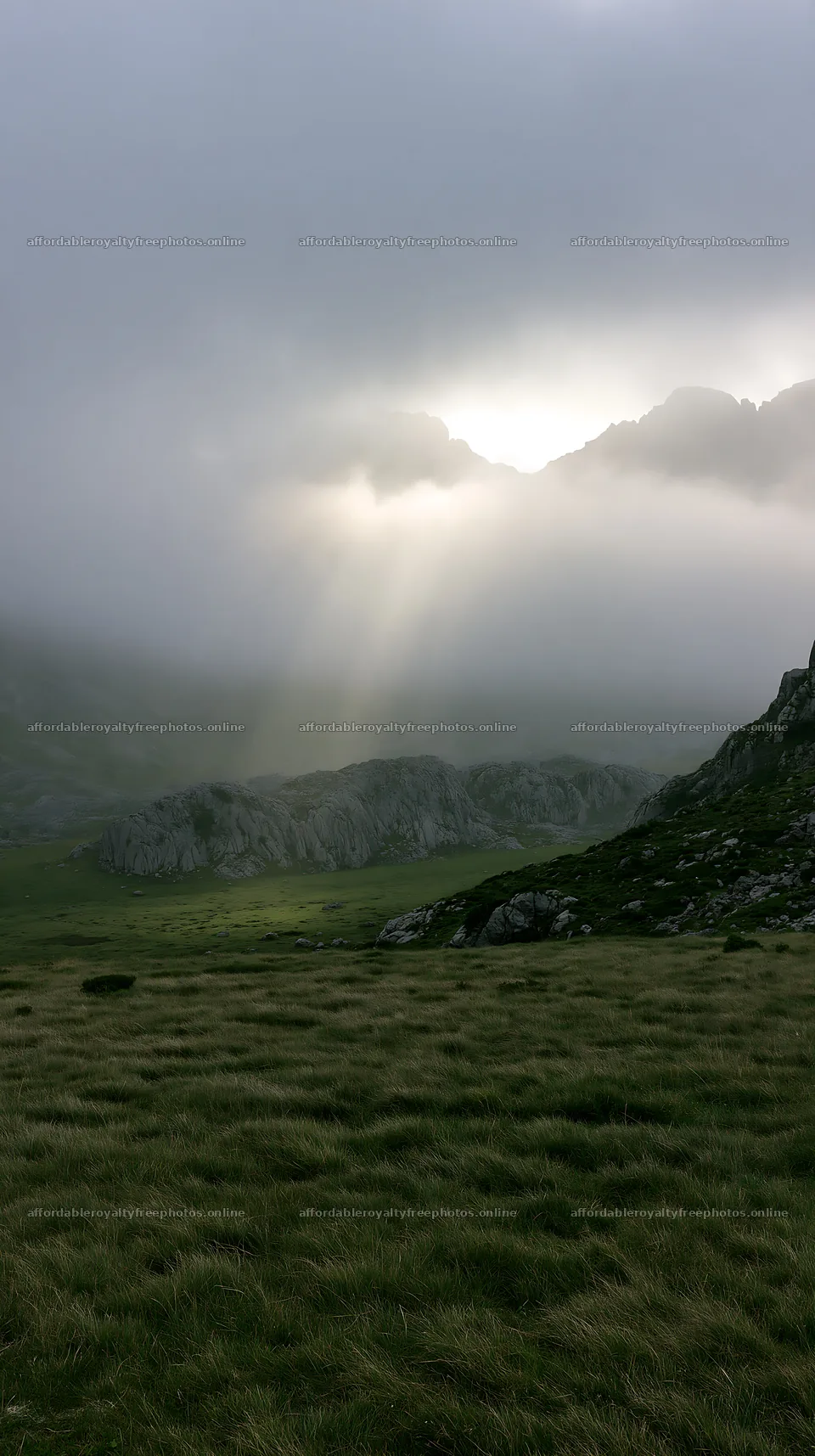 Sunrays break through fog in Picos de Europa meadow – royalty-free photos 5938x10608