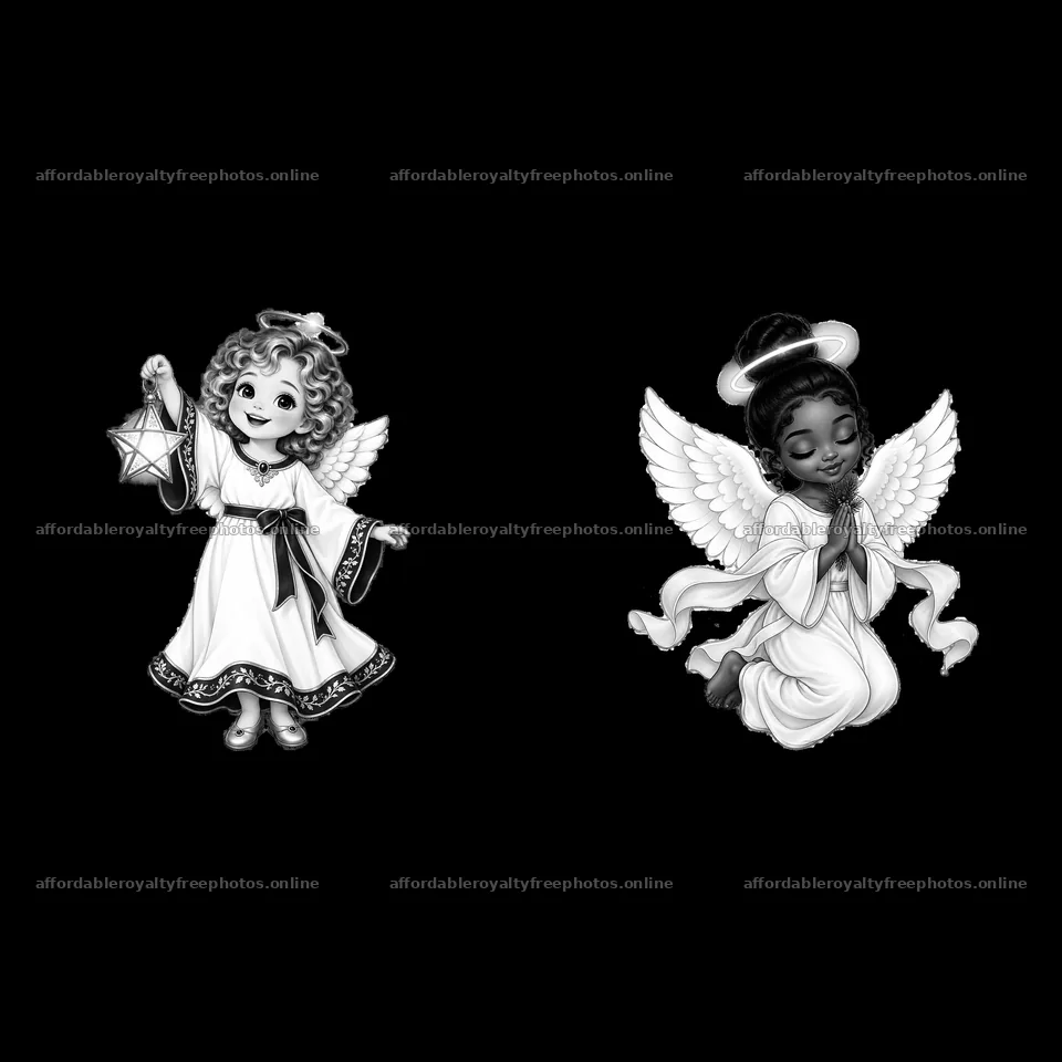 Christmas angels holding a star and praying in black and – royalty-free photos 7746x7746