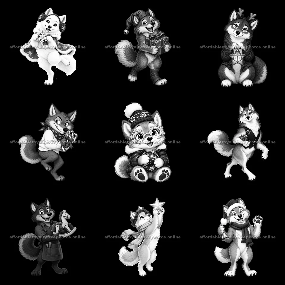 Cartoon wolf characters celebrating Christmas in a 3x3 – royalty-free photos 7746x7746