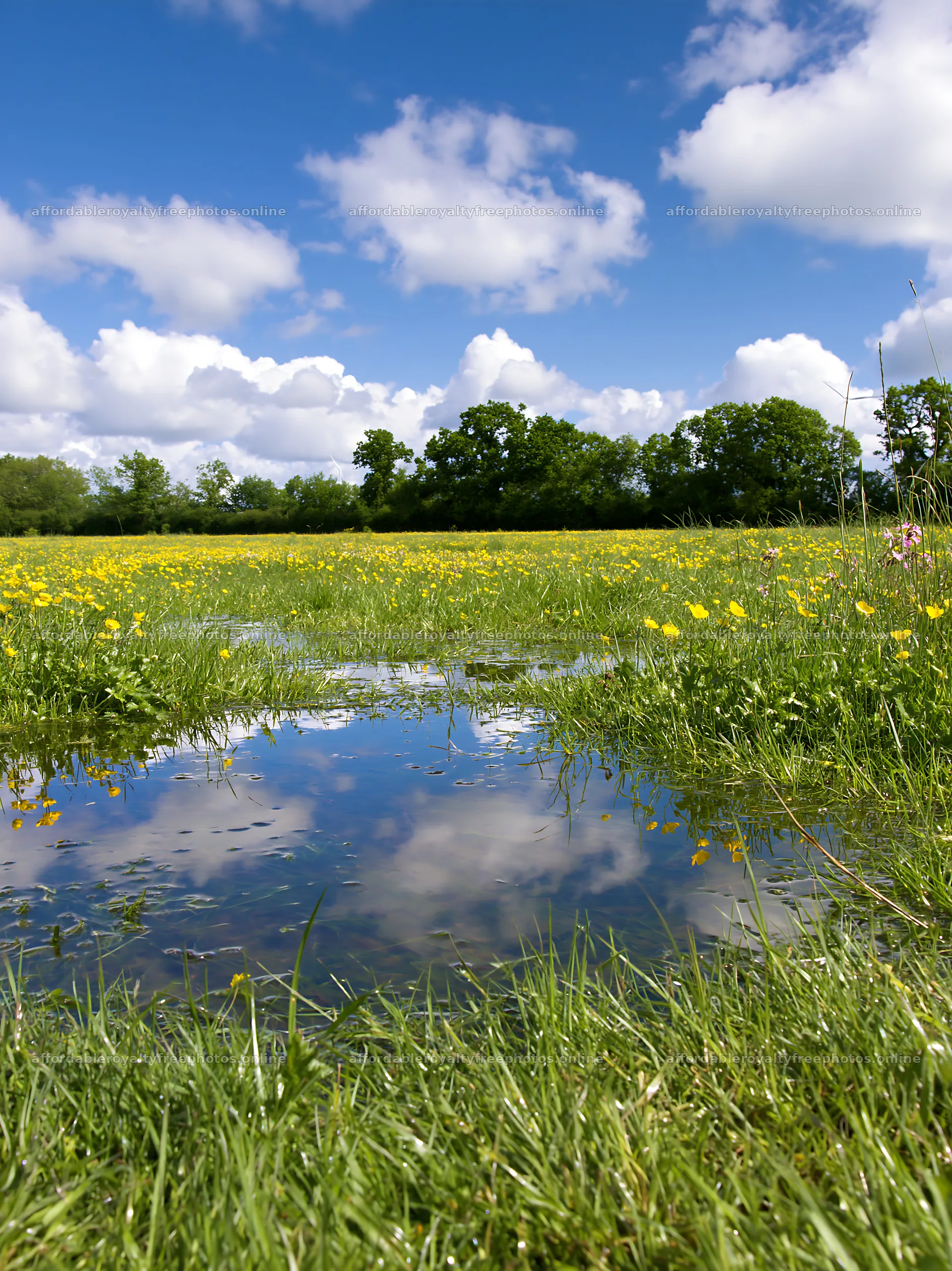 Colorful buttercup meadow with reflection in the water – royalty-free photos 6866x9174