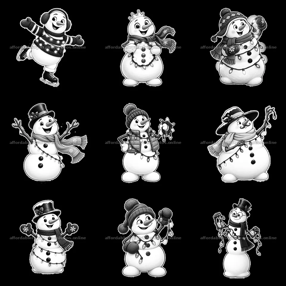 Snowman stickers with festive string lights in a grid – royalty-free photos 7746x7746