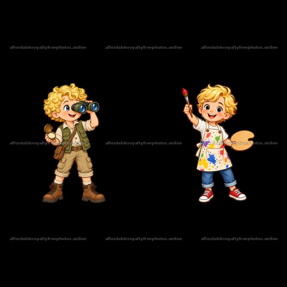 Blond child explorer with binoculars and painter with – royalty-free photos 7746x7746