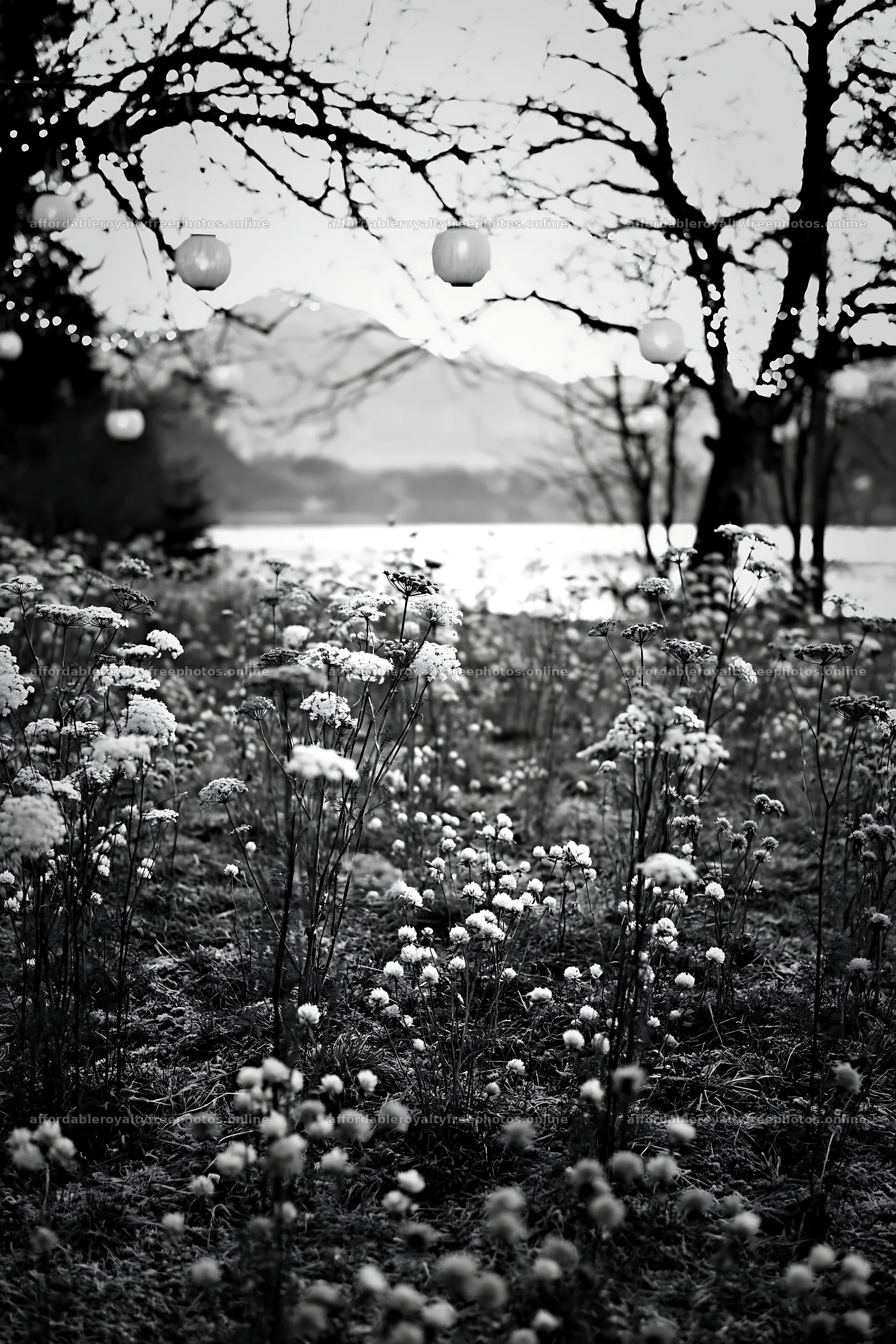 Christmas meadow with apple trees and lanterns by Lake – royalty-free photos 6480x9722
