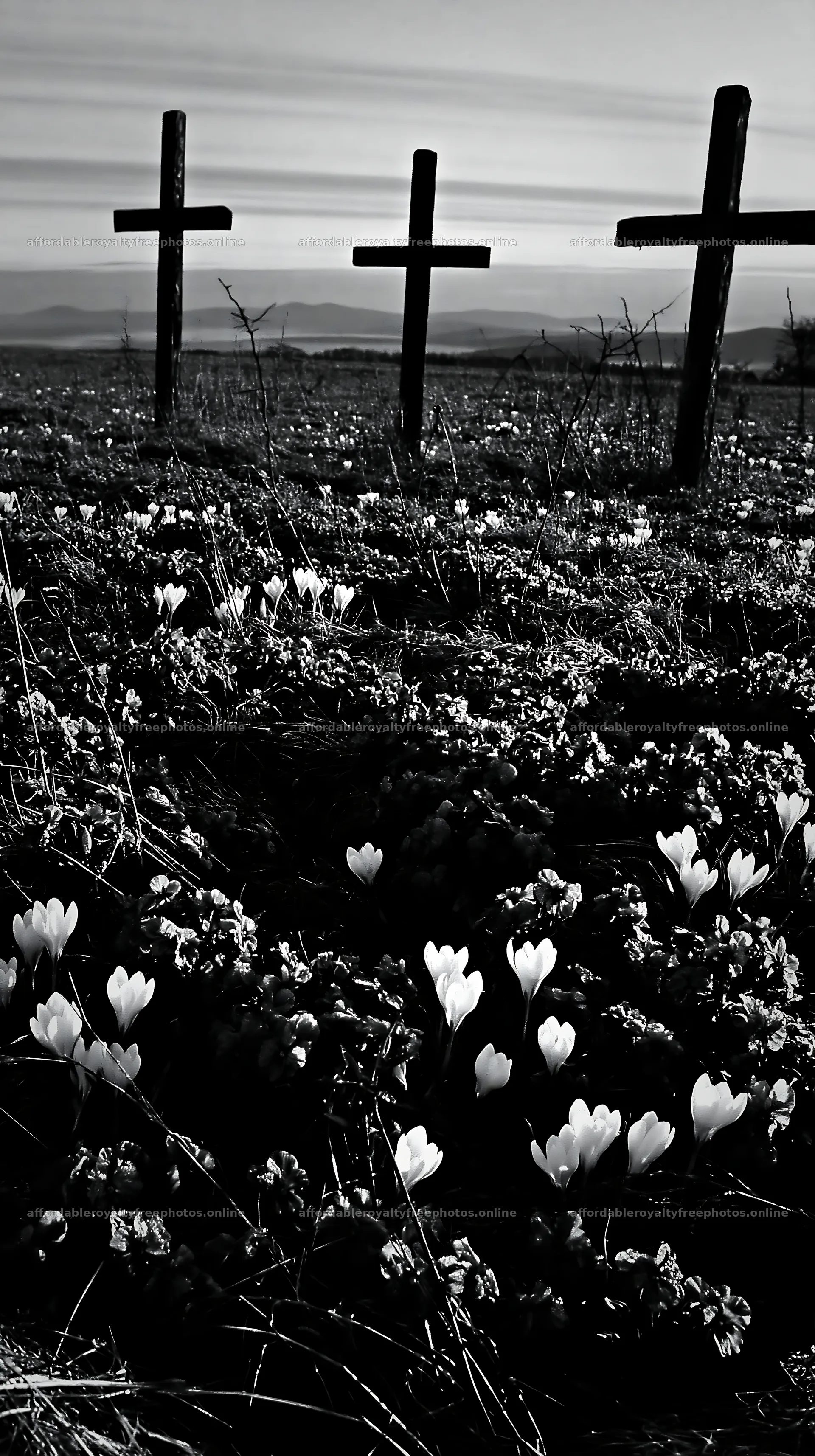 Rustic crosses in a winter meadow with blooming flowers – royalty-free photos 5938x10608