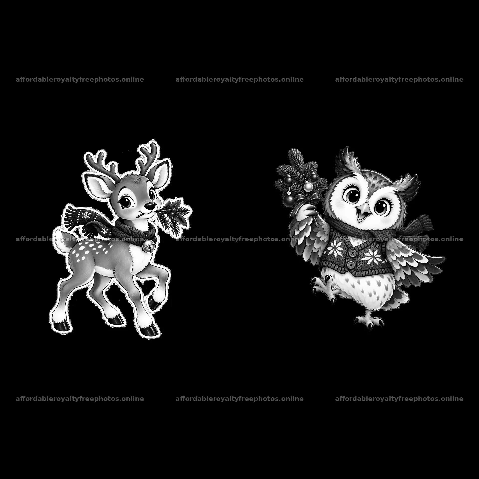 Christmas deer and owl in scarves holding festive decorations – royalty-free photos 7746x7746