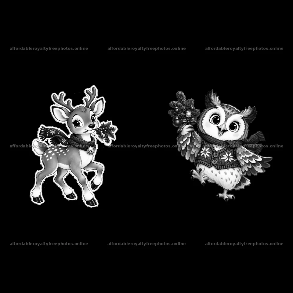 Christmas deer and owl in scarves holding festive decorations – royalty-free photos 7746x7746