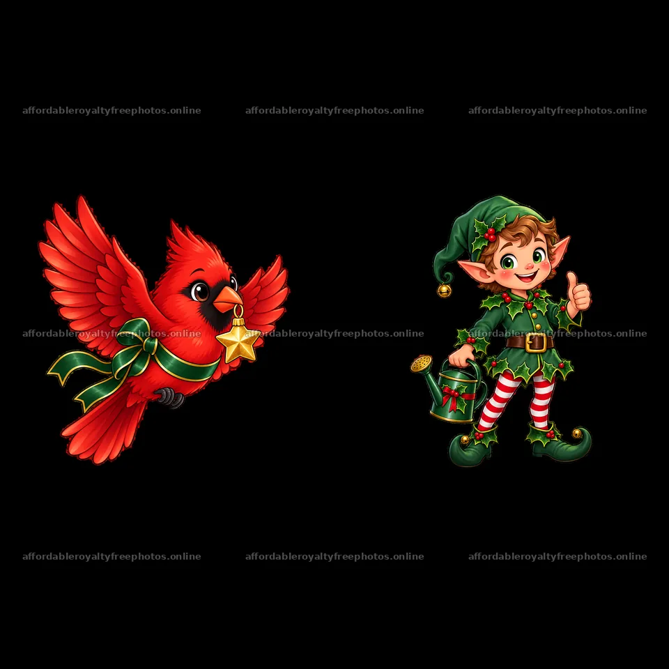 Christmas elf and cardinal bird with decorations – royalty-free photos 7746x7746