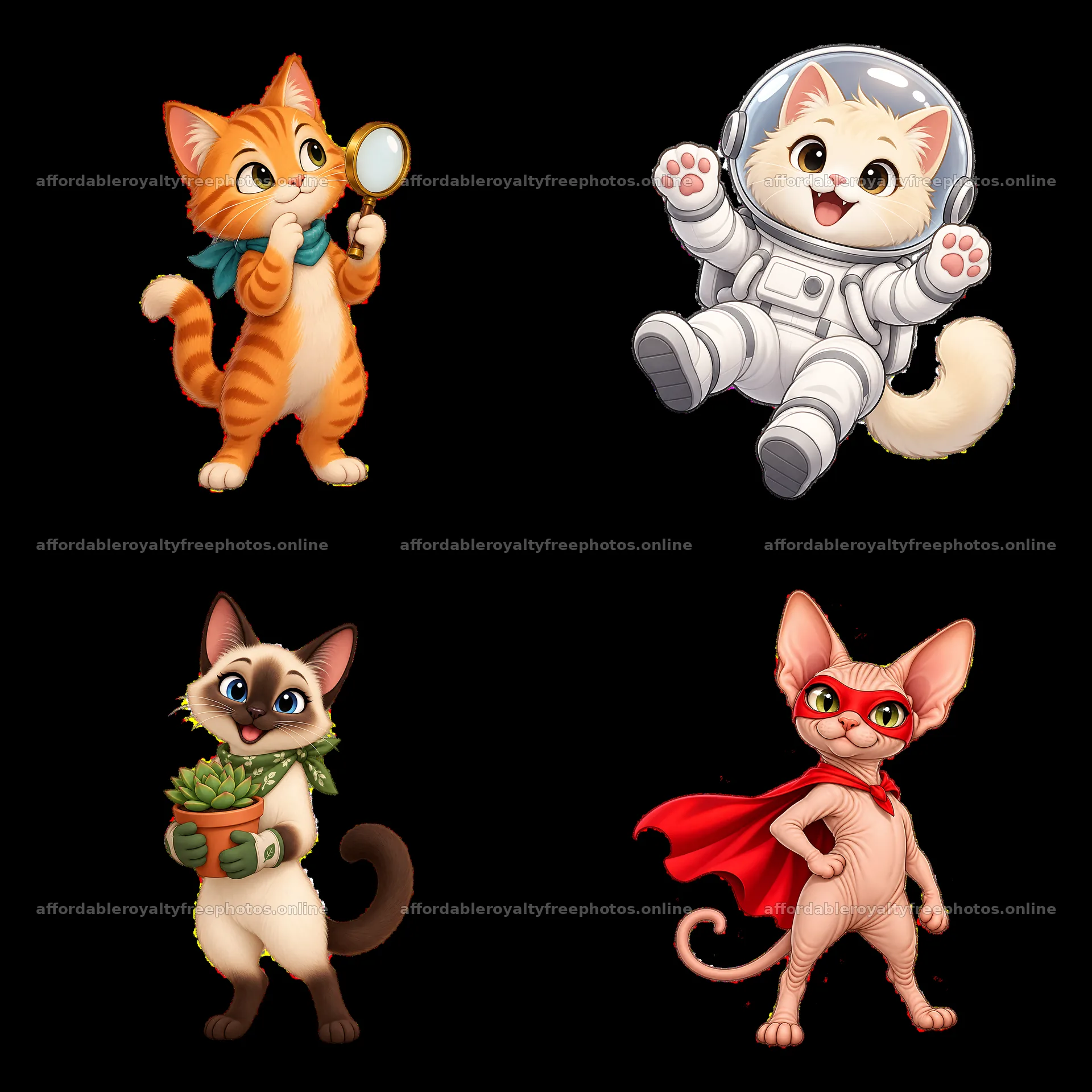 Cats in fun costumes showing different activities and – royalty-free photos 7746x7746