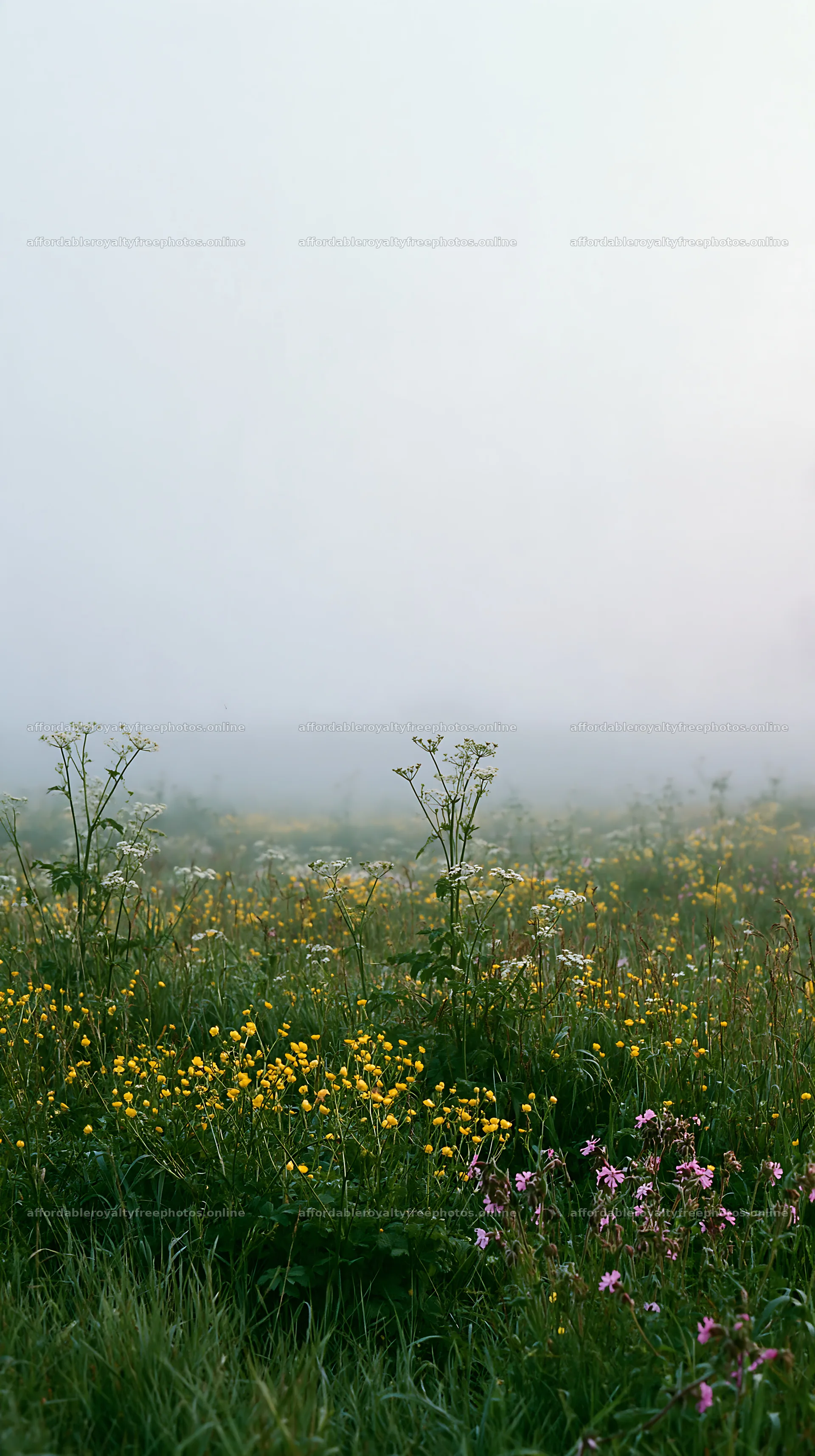 Meadow filled with flowers during morning fog in whiteout – royalty-free photos 5938x10608