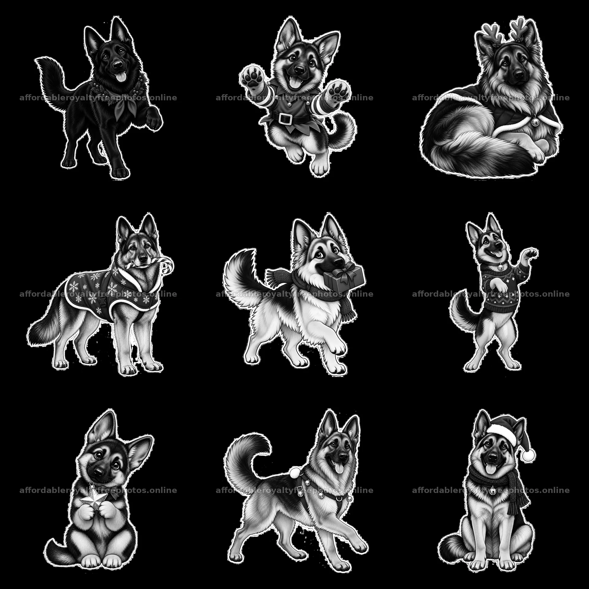 Christmas German Shepherd cartoon sticker set in black – royalty-free photos 7746x7746
