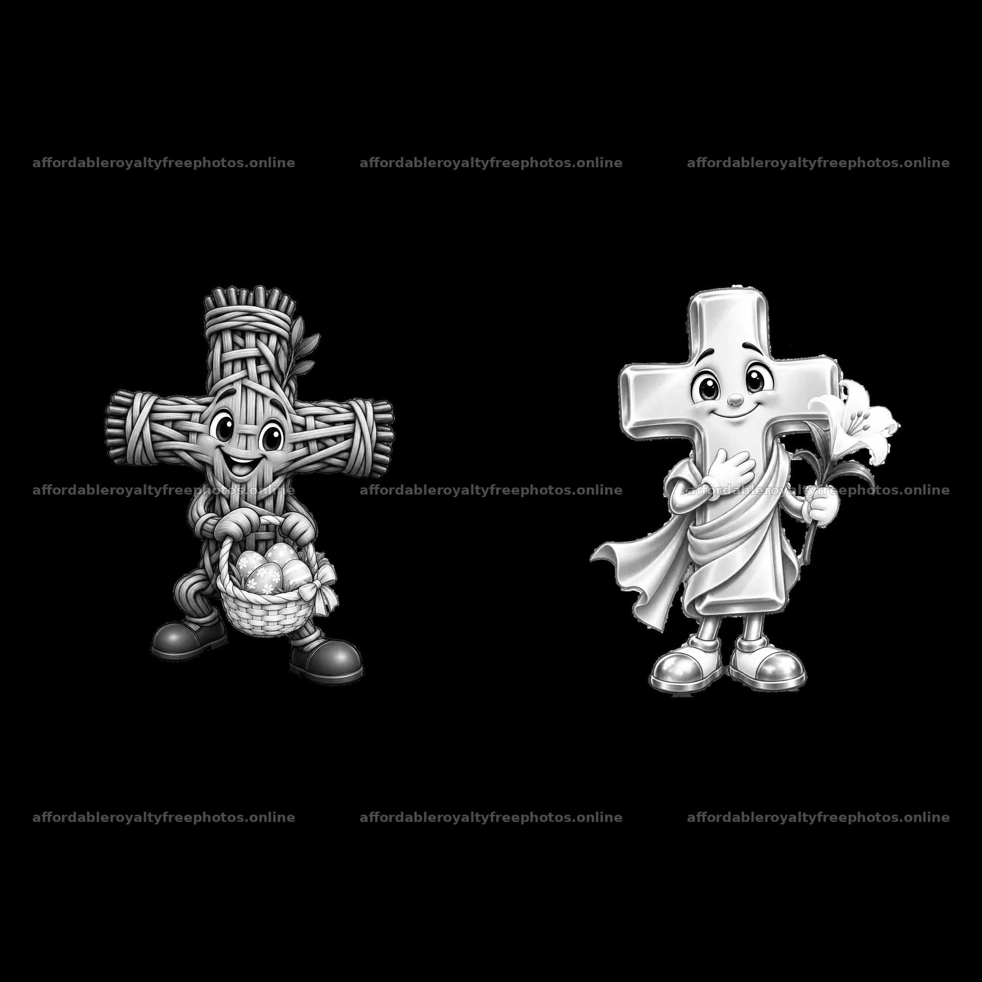 Easter cross with cartoon characters holding eggs and a – royalty-free photos 7746x7746