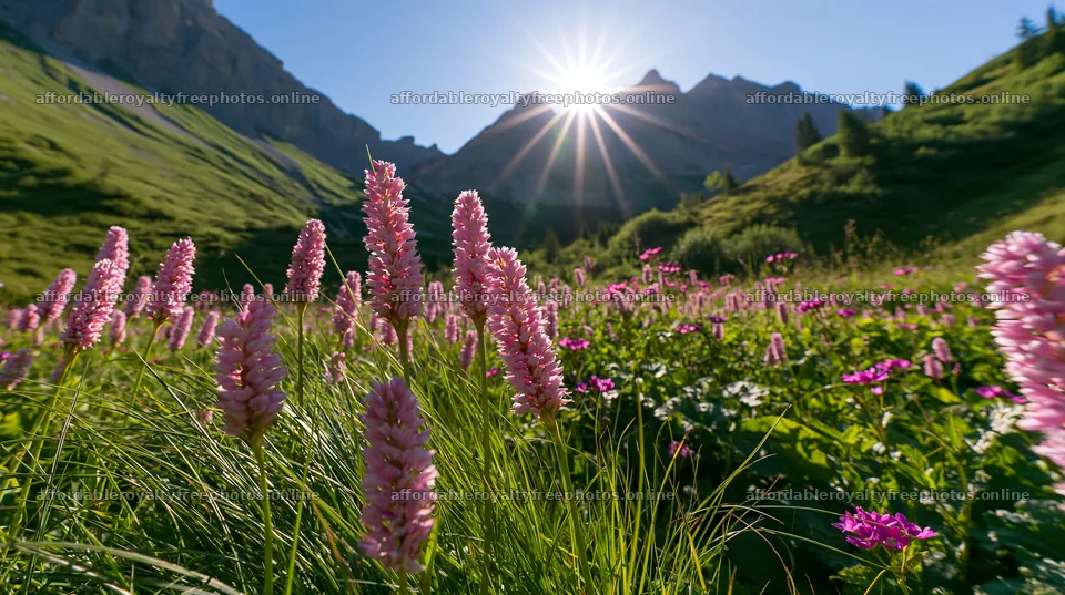 Swiss alpine meadow at sunrise with pink flowers – royalty-free photos 10608x5938