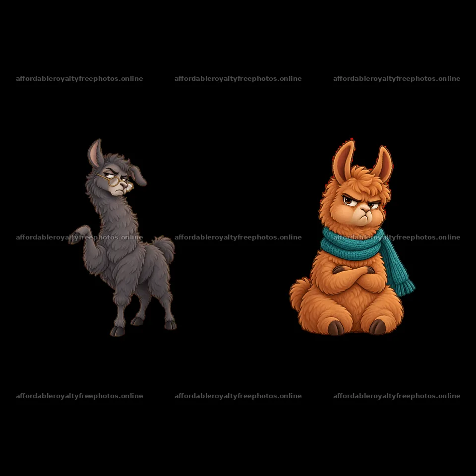 Grumpy black and brown llamas with distinct expressions – royalty-free photos 7746x7746