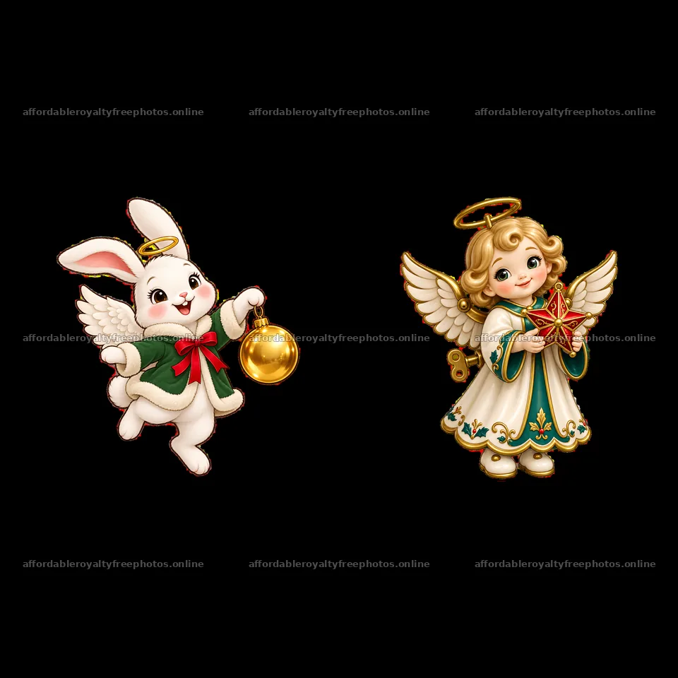 Cute Christmas angel and bunny holding ornaments – royalty-free photos 7746x7746