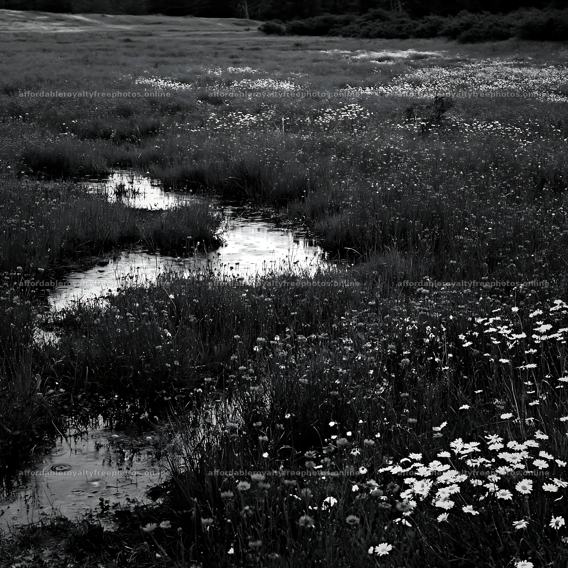 Rainy valley meadow with blue flowers and flowing water – royalty-free photos 7938x7938