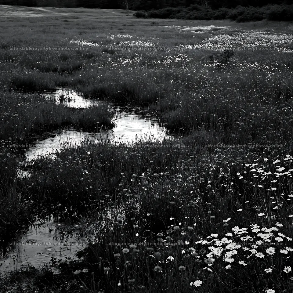 Rainy valley meadow with blue flowers and flowing water – royalty-free photos 7938x7938