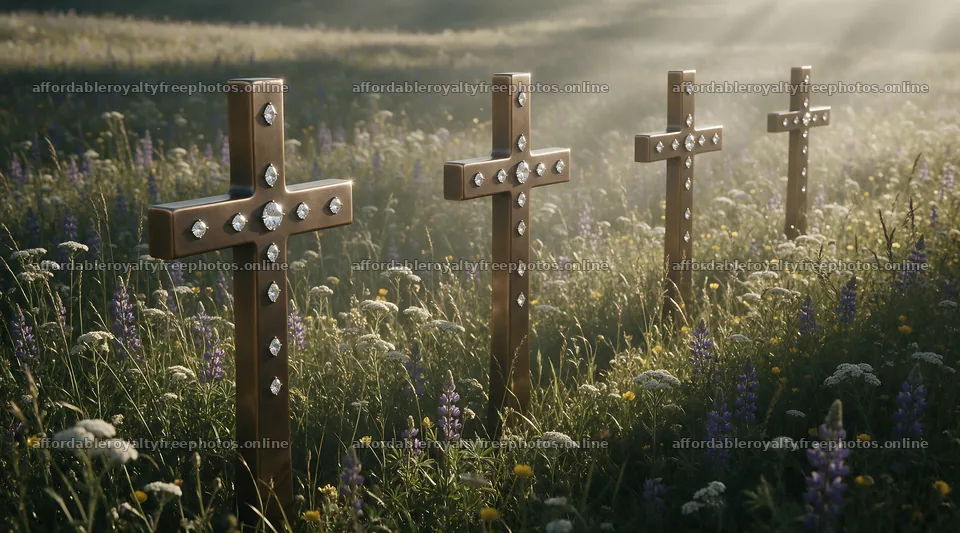 Christian crosses in meadow with light rays from the sky – royalty-free photos 10648x5916