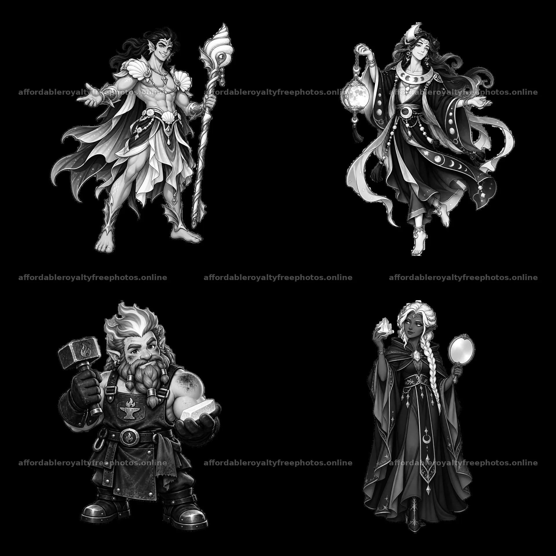 Pagan gods represented by cartoon stickers in monochrome – royalty-free photos 7746x7746