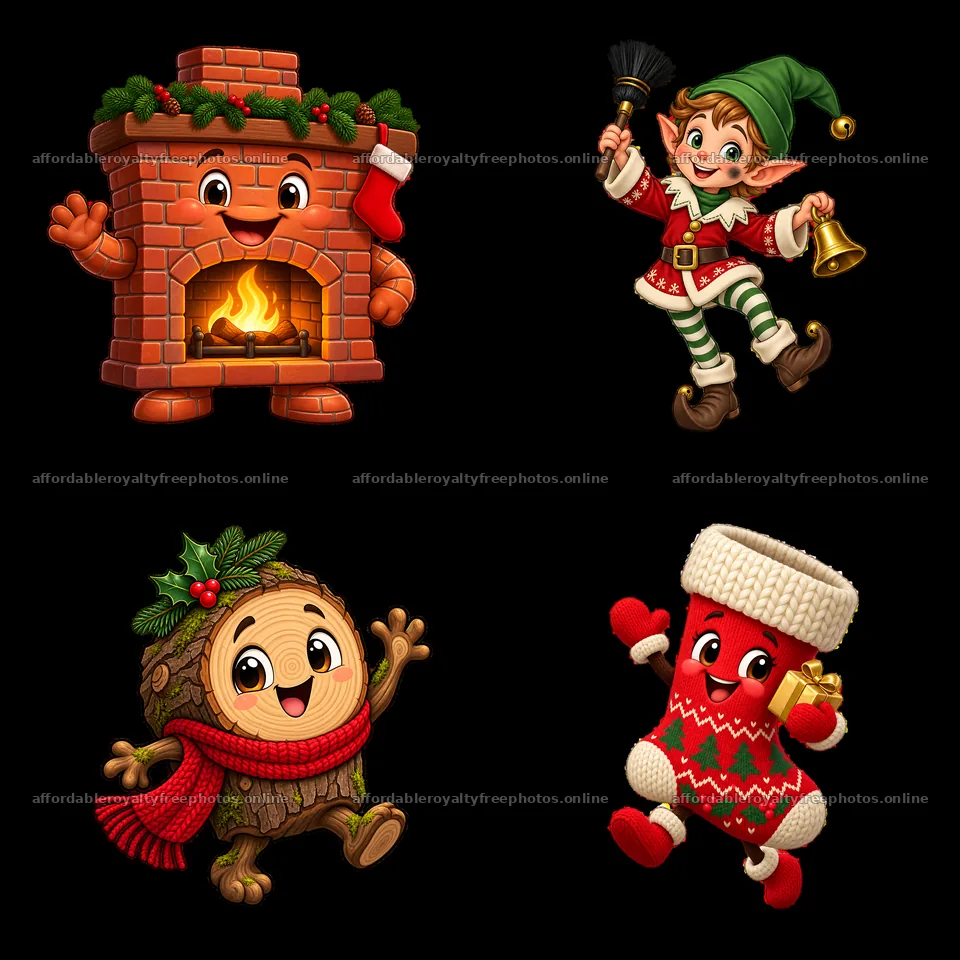 Christmas fireplace with elf, log character, and festive elements – royalty-free photos 7746x7746