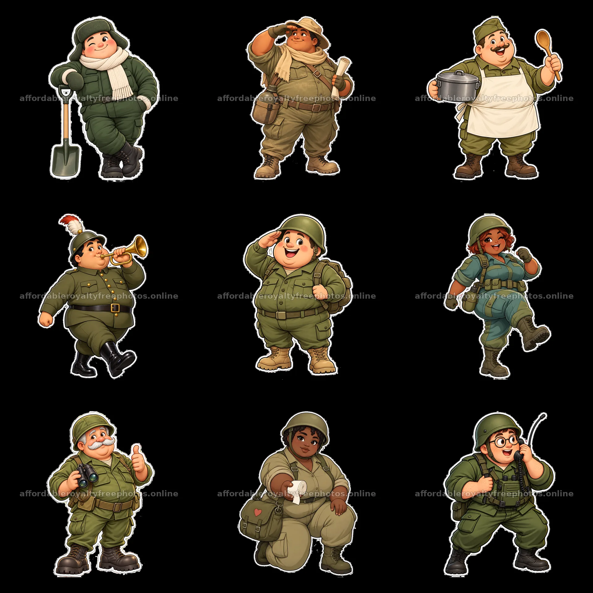 Cute ultra-chubby soldiers engaged in various activities – royalty-free photos 7746x7746
