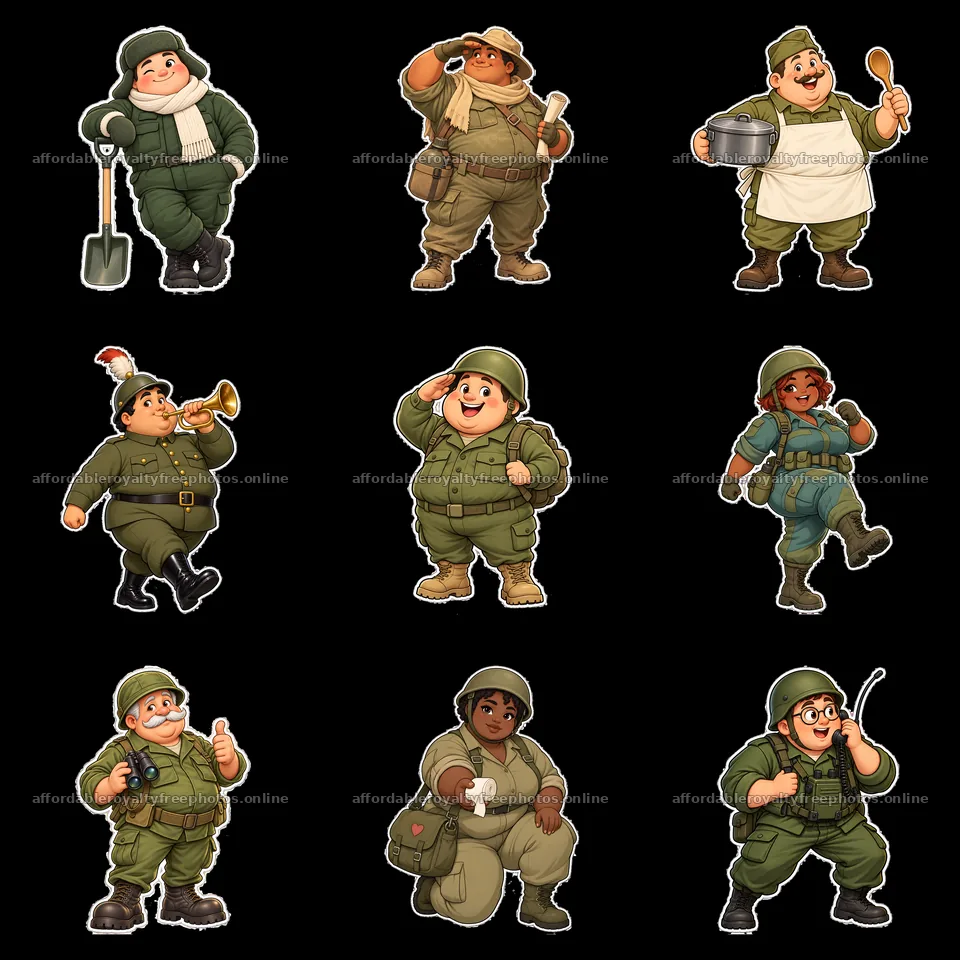 Cute ultra-chubby soldiers engaged in various activities – royalty-free photos 7746x7746
