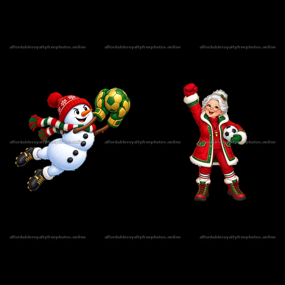 Snowman goalkeeper saves a soccer ball, Christmas cheer – royalty-free photos 7746x7746
