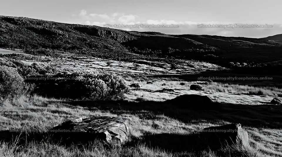 Biodiverse meadow with rocks and hills in black and white – royalty-free photos 10608x5938