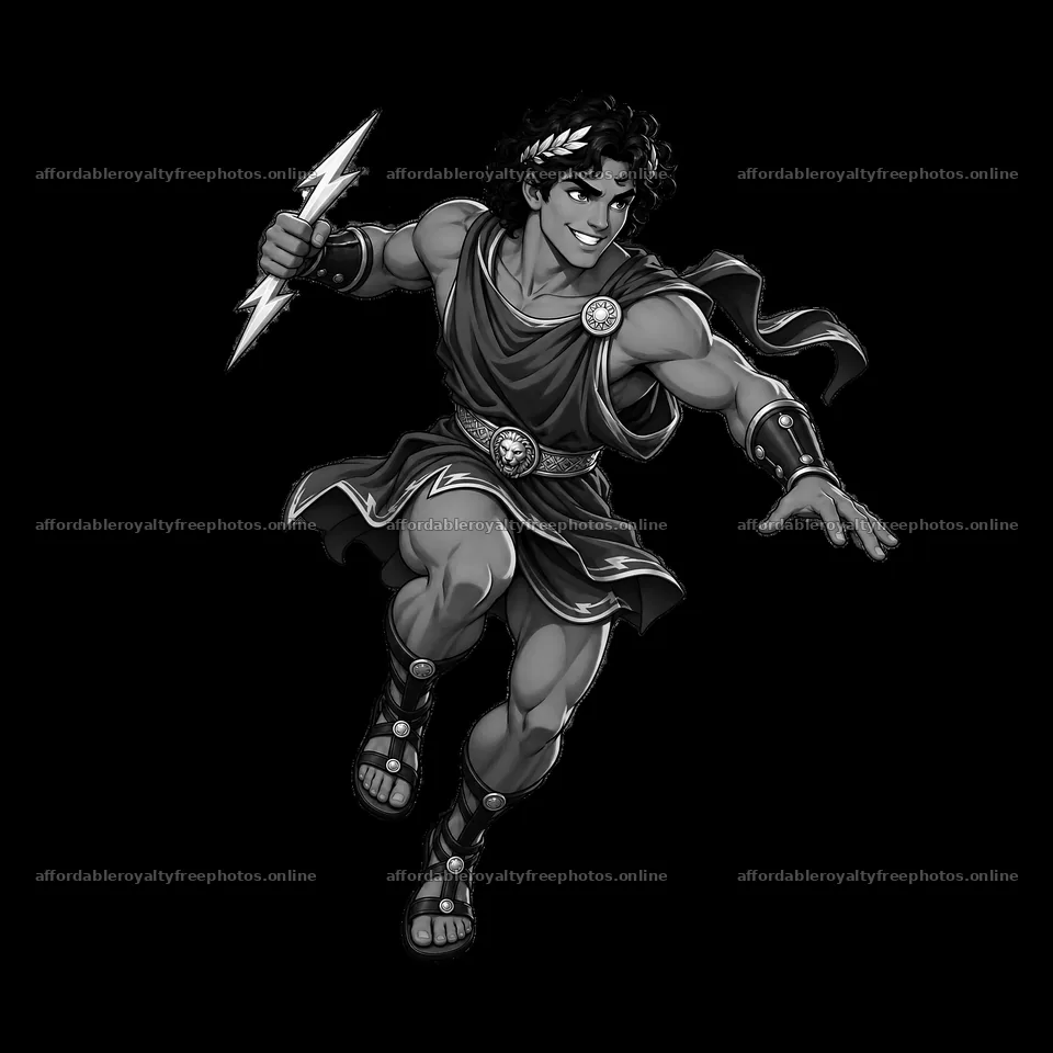 Zeus holding a lightning bolt in a dynamic running – royalty-free photos 7746x7746