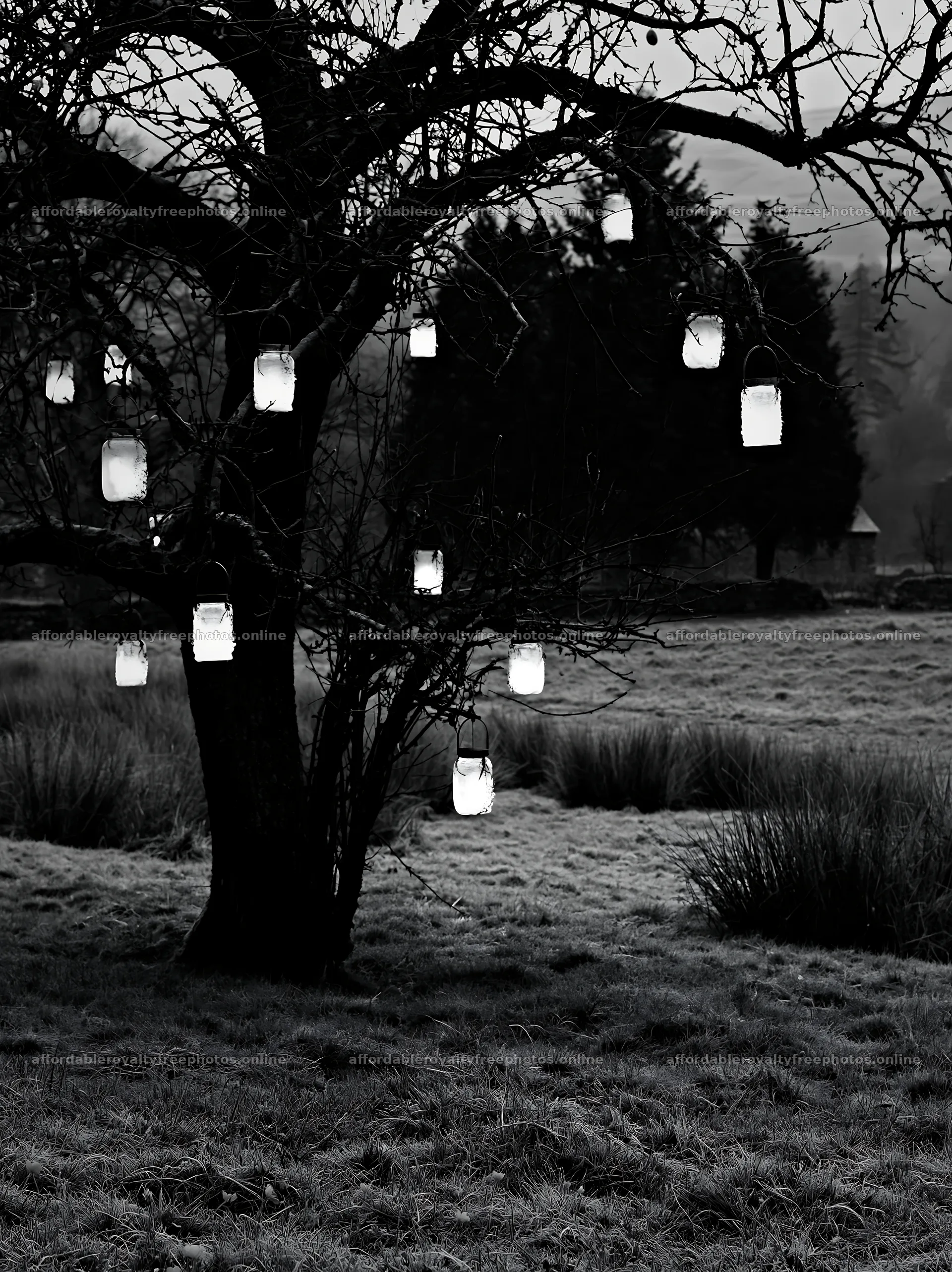 Christmas lanterns hanging on an apple tree in Lake – royalty-free photos 6866x9174