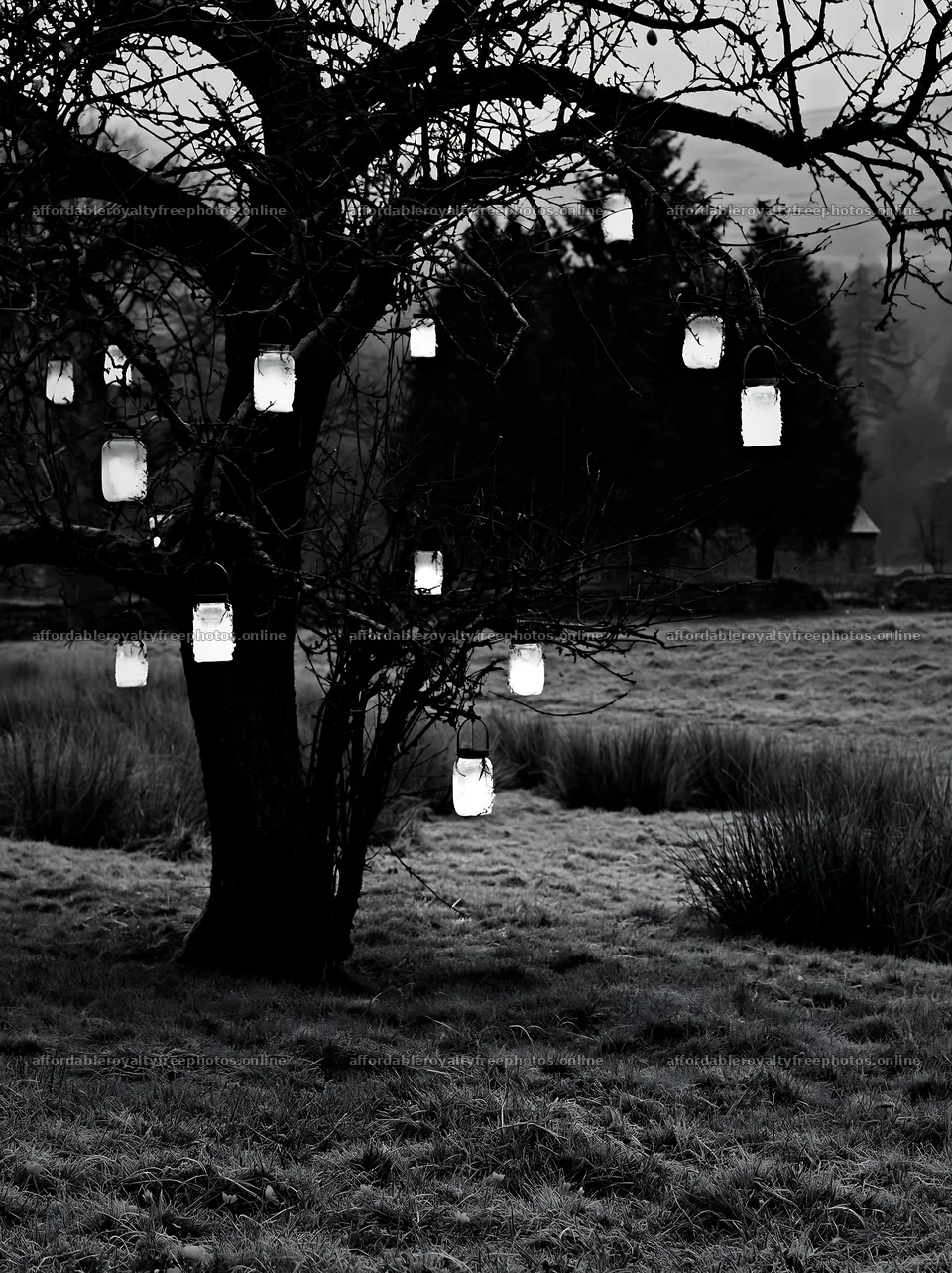 Christmas lanterns hanging on an apple tree in Lake – royalty-free photos 6866x9174