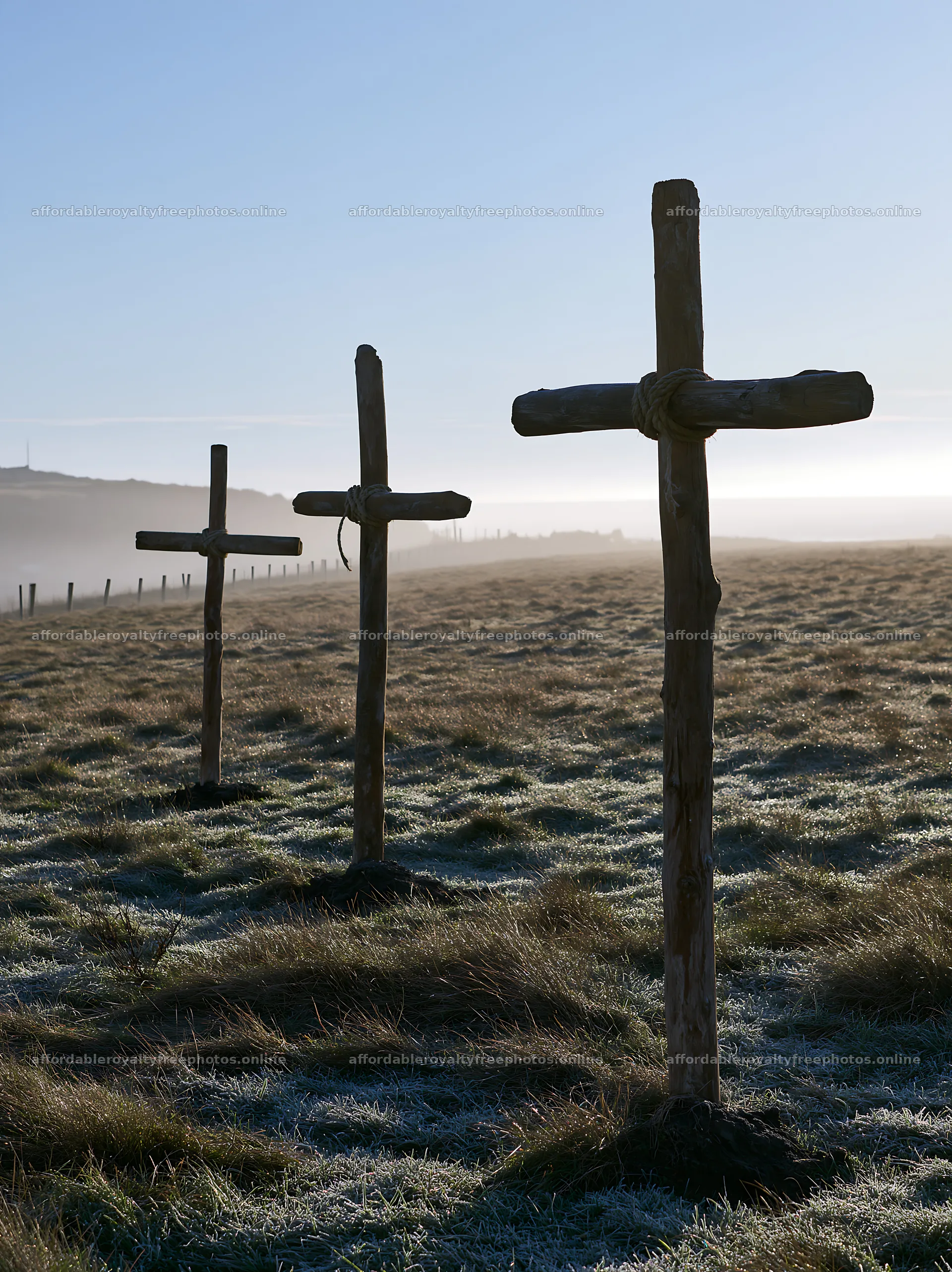 Rustic crosses in a Christmas meadow at dawn – royalty-free photos 6866x9174