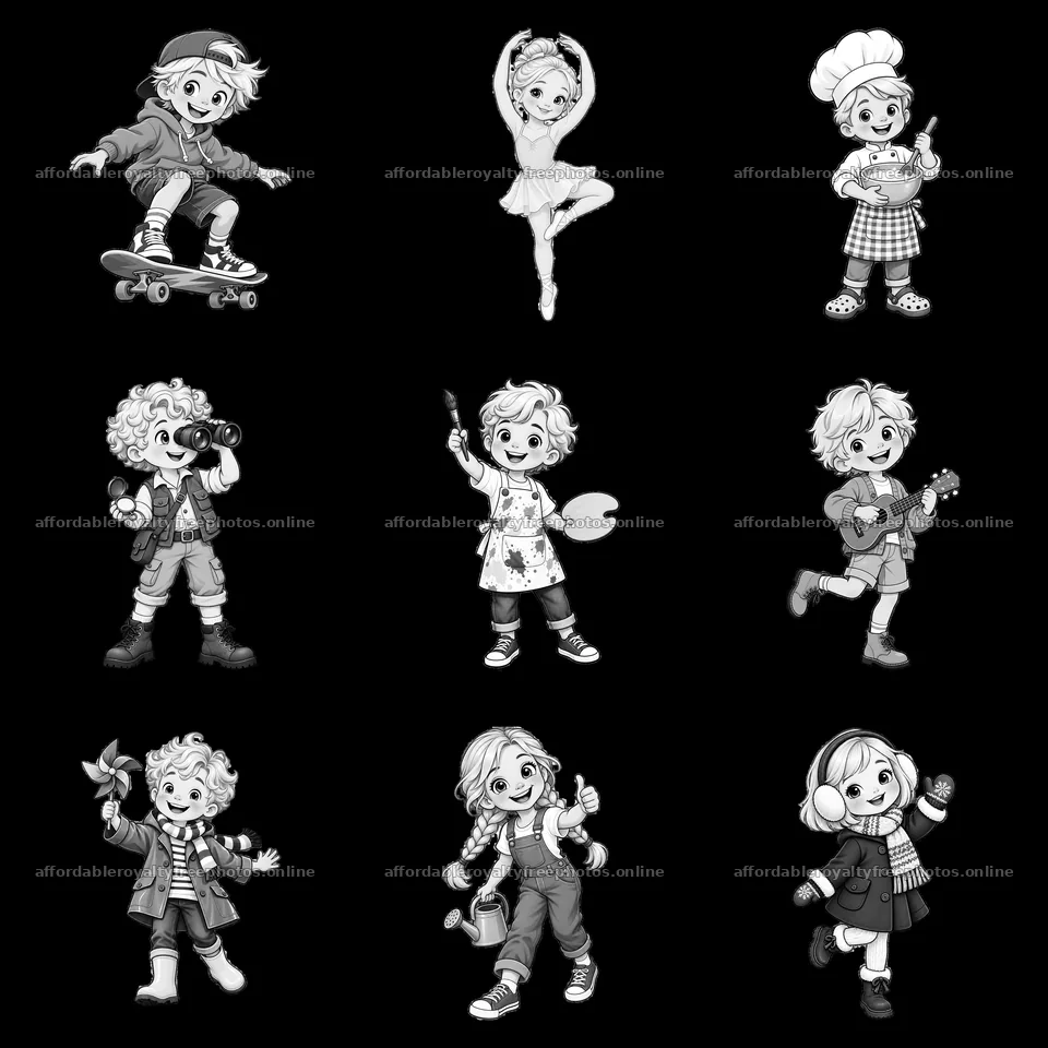 Nine cartoon stickers show blond children doing various – royalty-free photos 7746x7746