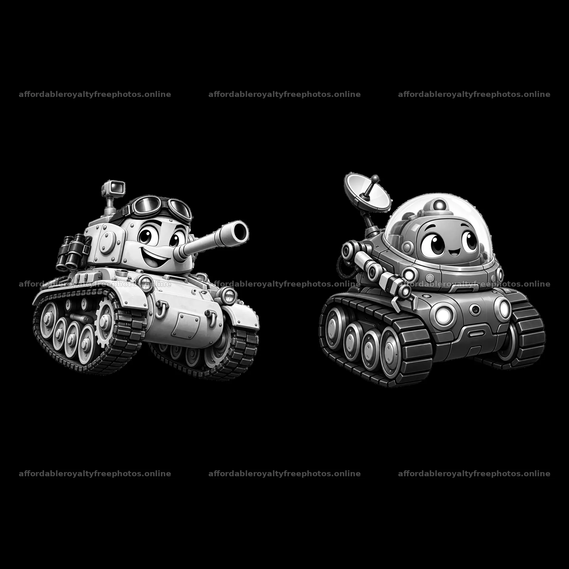 Cartoon tank and robot tank with cheerful expressions – royalty-free photos 7746x7746