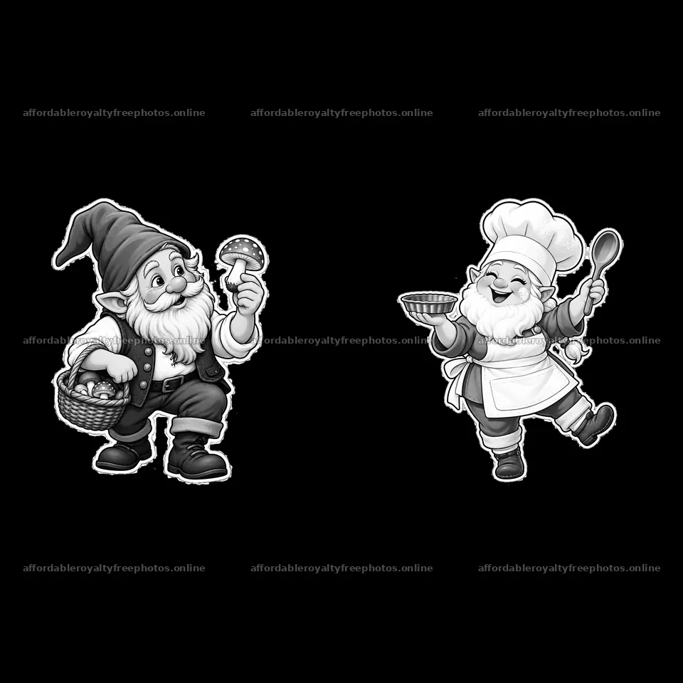Gnome carrying mushrooms and chef gnome with bowl and – royalty-free photos 7746x7746
