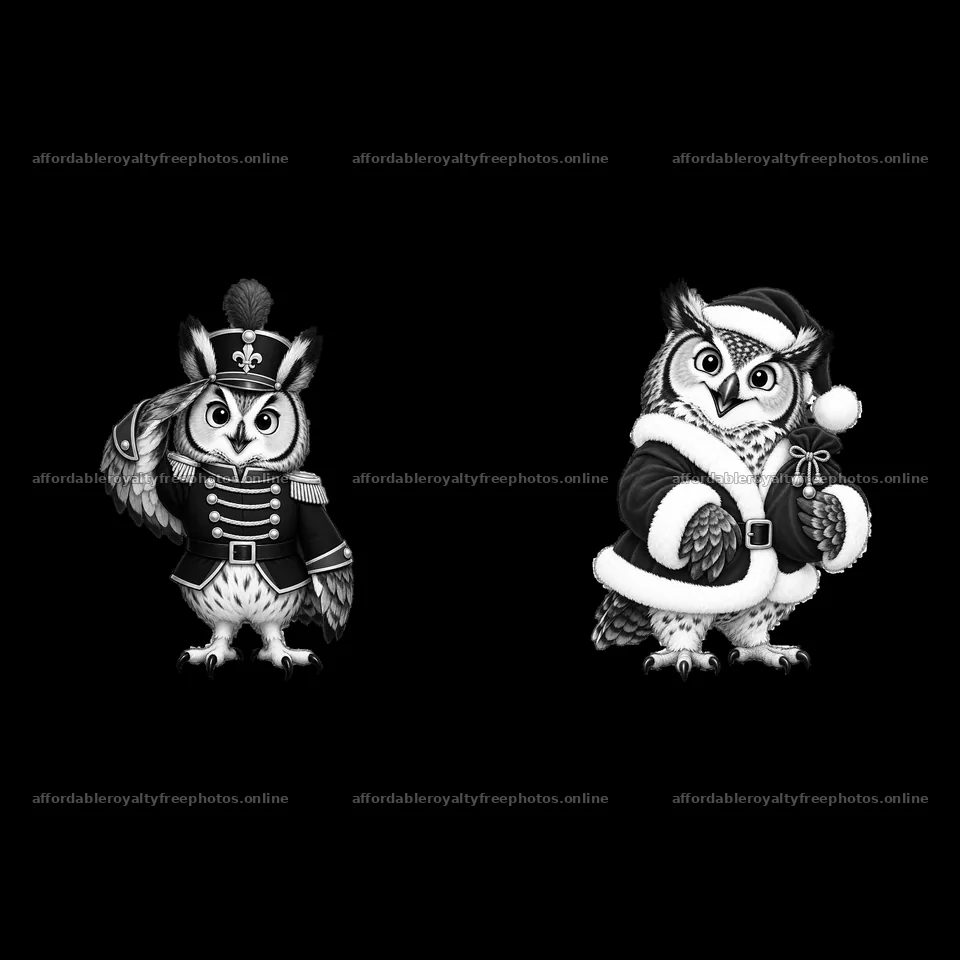 Christmas owls in festive attire with Santa hat and – royalty-free photos 7746x7746