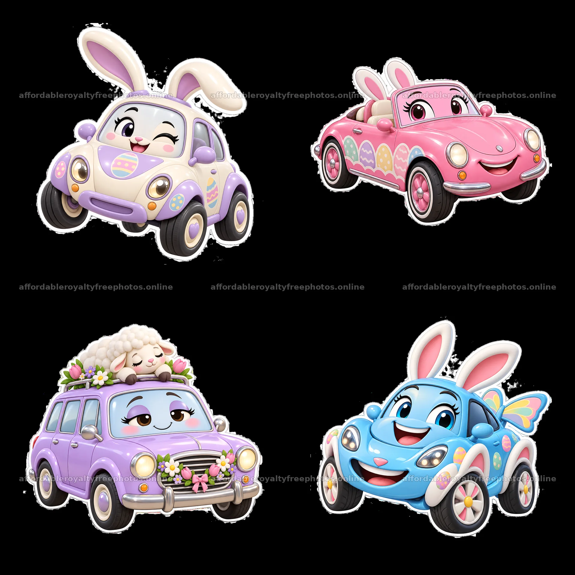 Easter themed cartoon cars with bunnies in a cute – royalty-free photos 7746x7746