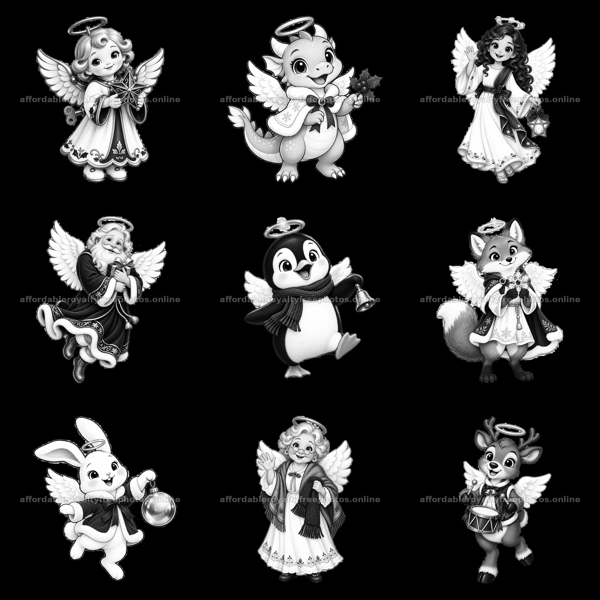 Christmas angel characters in a 3x3 monochrome layout – royalty-free photos 7746x7746