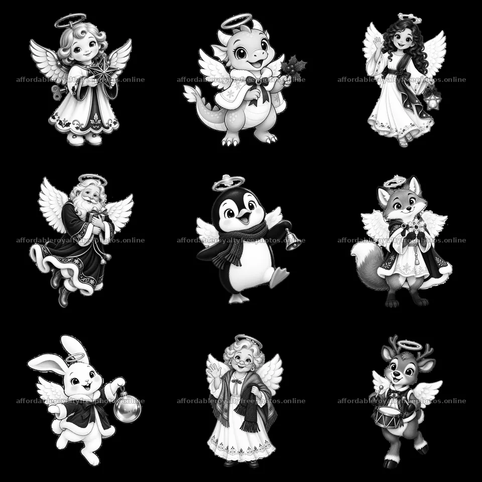 Christmas angel characters in a 3x3 monochrome layout – royalty-free photos 7746x7746