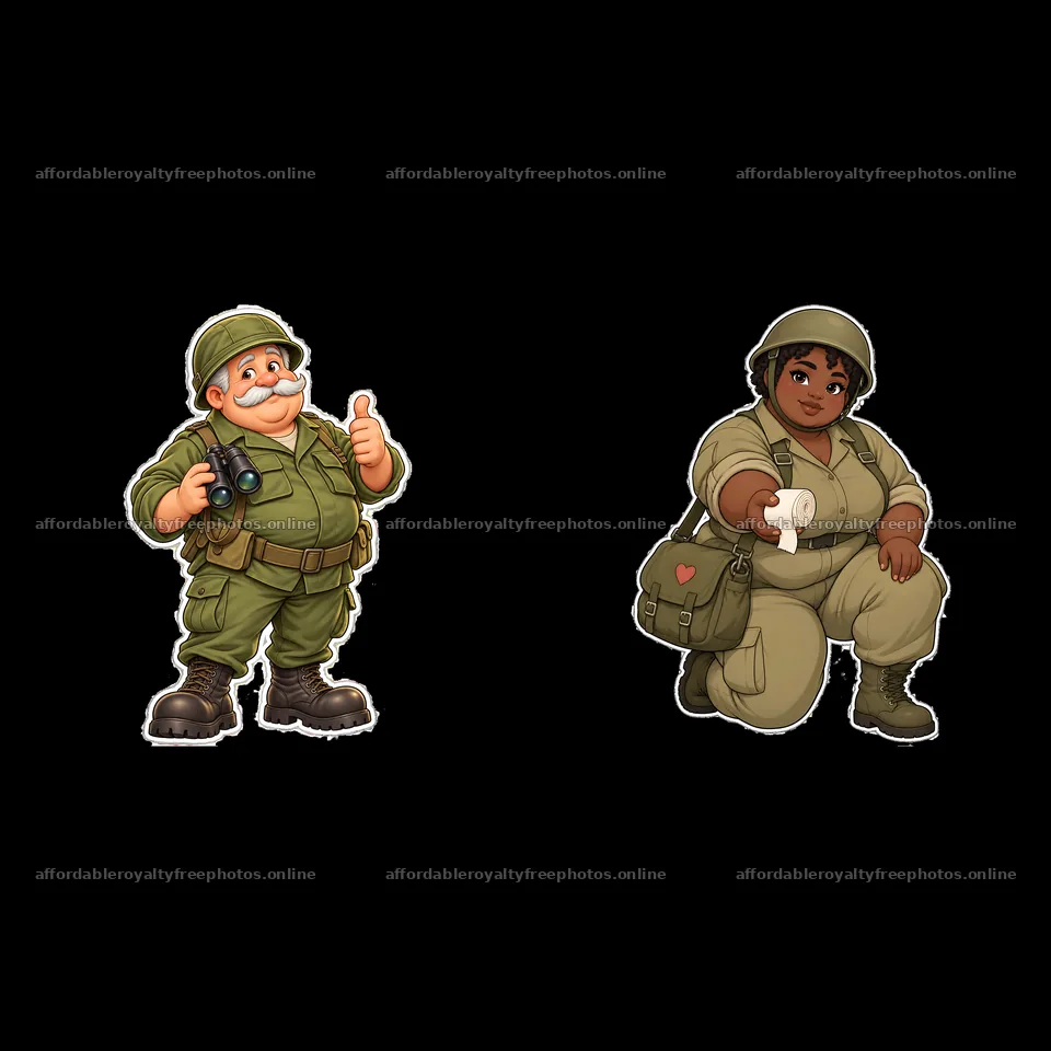 Cute ultra-chubby soldier stickers with accessories in – royalty-free photos 7746x7746