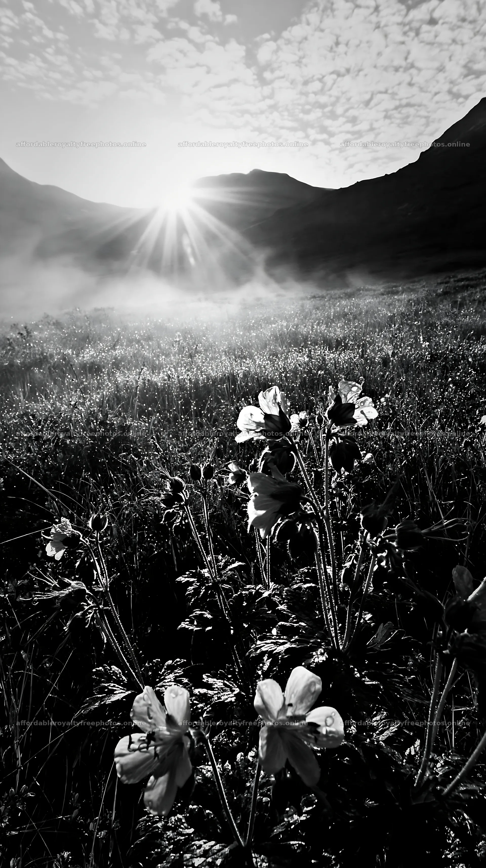 Sunbeams shining on meadow flowers in Jotunheimen valley – royalty-free photos 5938x10608