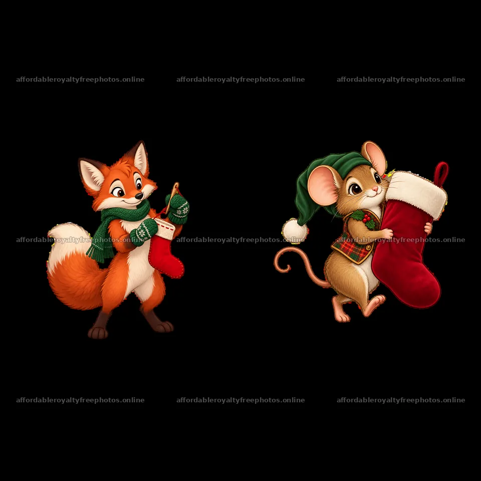 Cartoon fox and mouse prepare Christmas stockings – royalty-free photos 7746x7746