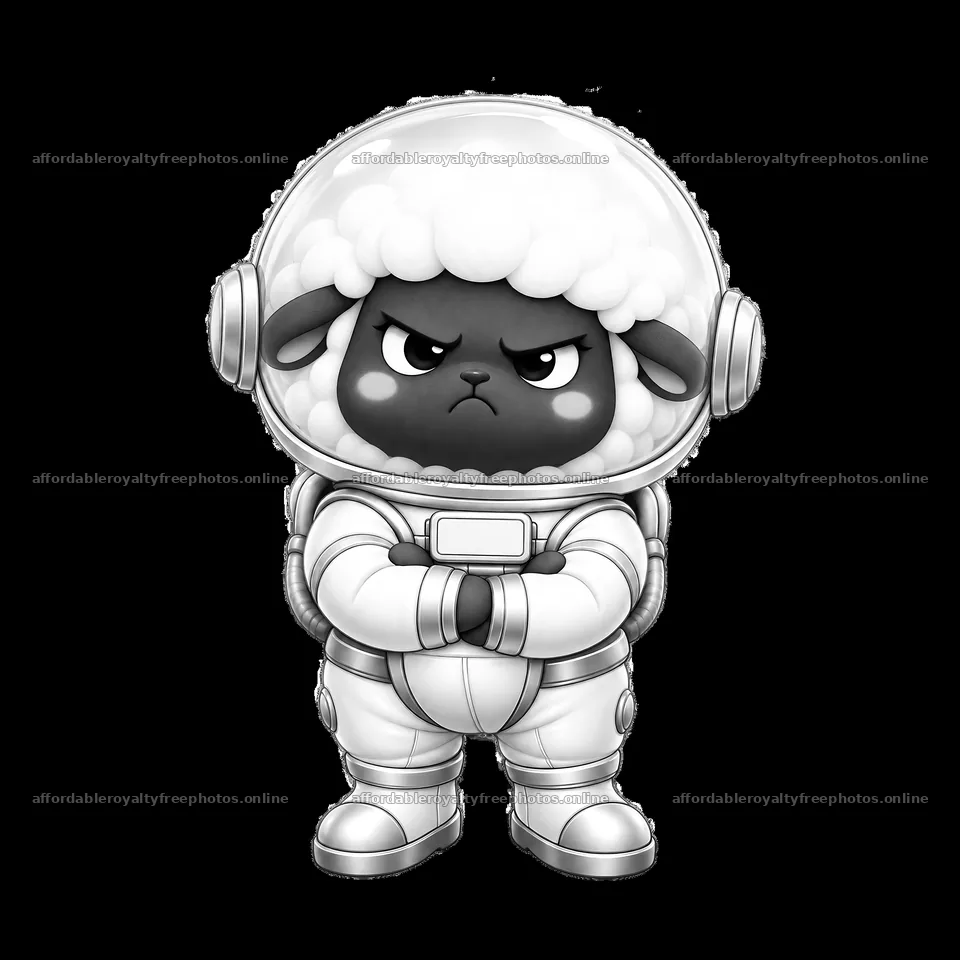 Kawaii grumpy sheep astronaut in space suit with a frown – royalty-free photos 7746x7746