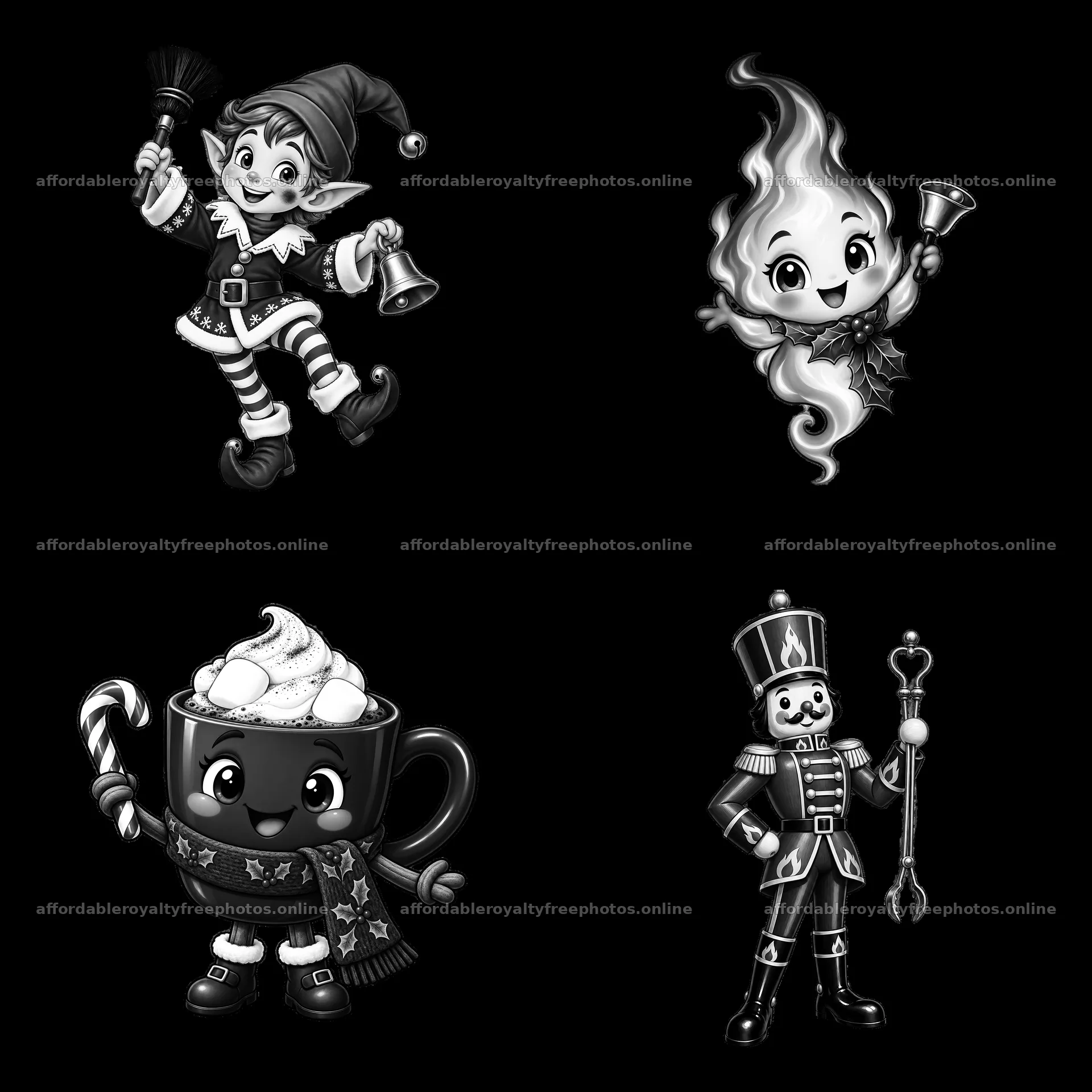 Christmas characters with elf, flame, drink, and nutcracker – royalty-free photos 7746x7746