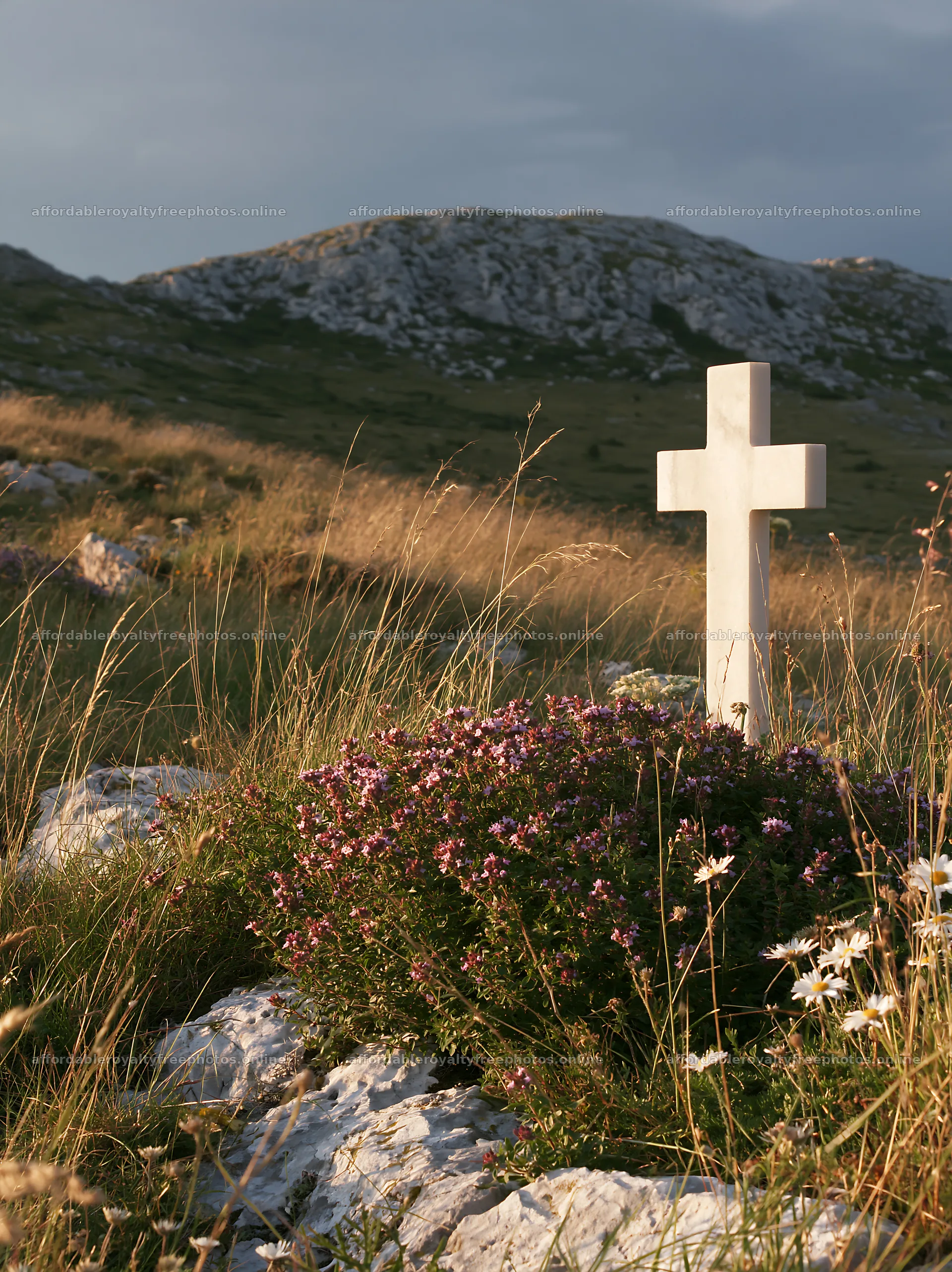 White Christian cross in meadow with flowers at sunset – royalty-free photos 6866x9174